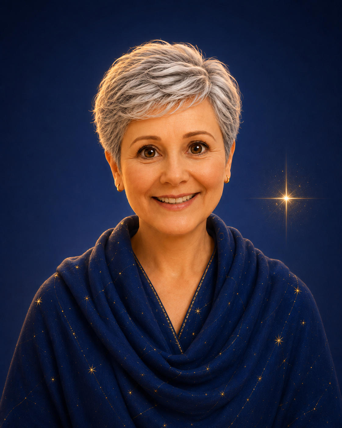 Elara, guía de la marca: mujer de cabello plateado con chal azul noche bordado de estrellas